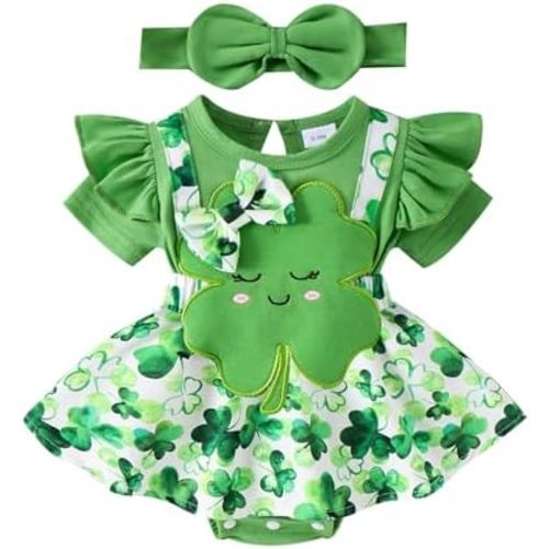 St Patricks Day Baby Girl Outfit My 1st Patricks Skirt Shamrock Clothes Four Leaf Clover Romper Jumpsuit 0-18 Months
