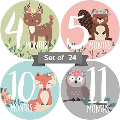 Baby Monthly Stickers | Floral Woodland Animals Baby Milestone Stickers | Newborn Girl Stickers | Month Stickers for Baby Girl | Newborn Monthly Milestone Stickers (Set of 24)