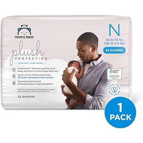 Amazon Brand - Mama Bear Plush Protection Diapers - Size Newborn, 32 Count, Hypoallergenic Premium Disposable Baby Diapers, White and Cloud Dreams