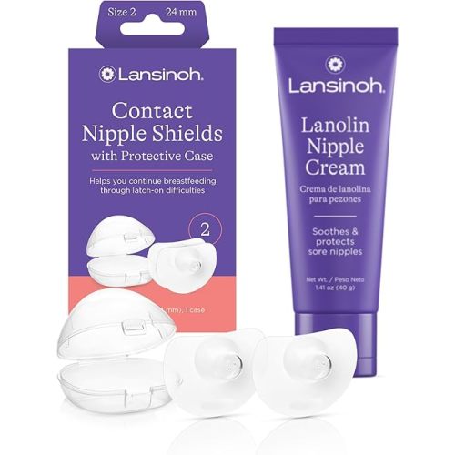 Lansinoh Contact Nipple Shields for Breastfeeding, 2 Nipple Shields (24mm) & Case + Lanolin Nipple Cream Safe for Breastfeeding Baby, 100% Natural Nipple Butter for Mom, Breastfeeding Essentials, 1.41