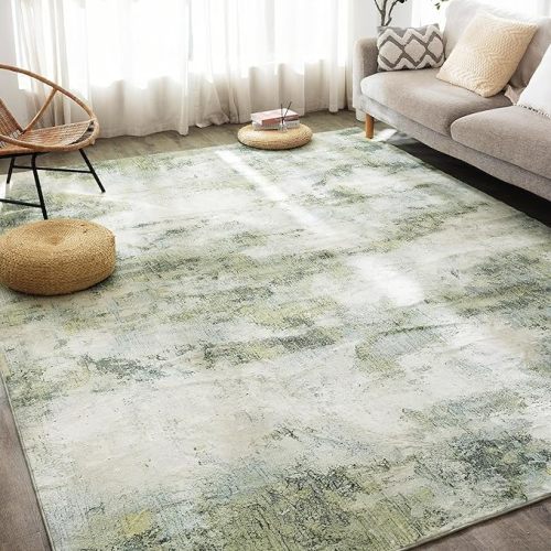 Carvapet Washable Modern Rug 5x7 Green Non-Slip Abstract Area Rug Ultra Soft Indoor Low Pile Carpet with Rubber Backing - Non-Shedding Boho Carpets for Living, Dining Room, Bedroom