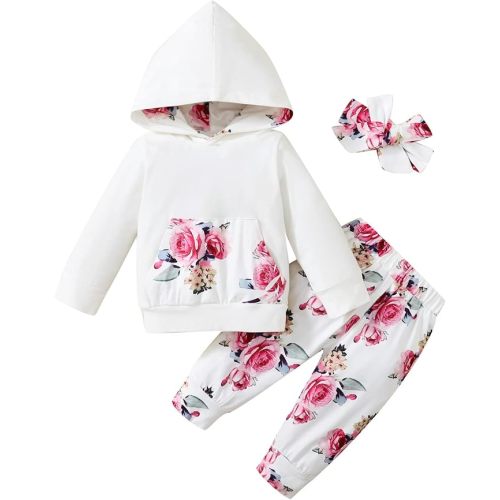 Yvowming Newborn Baby Girl Clothes Outfits Infant Hoodie Sweatshirt Pants Headband Toddler Girl Clothing Set
