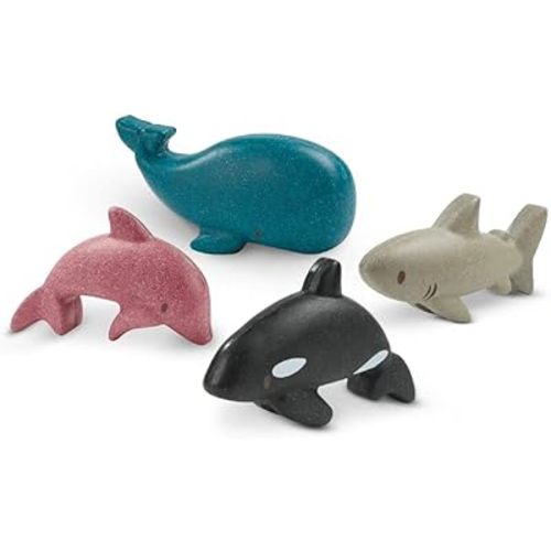 PlanToys Wooden 4 Animal Sea Life Ocean Animal Playset (6129) | Sustainably Made from Rubberwood and Non-Toxic Paints and Dyes | Eco-Friendly PlanWood