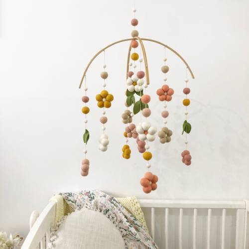 Dreamy sunny Garden with leaves flower mobile, sweet baby girl nursery, flower mobile, felt ball flowers, nursery decor.