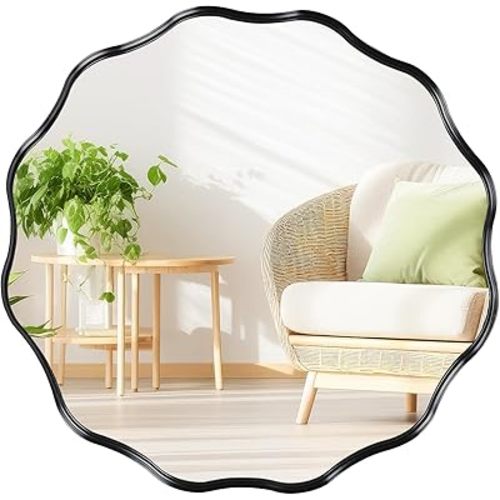 Fabuady Black Round Wavy Edge Mirror - 20'' Circle Wall Mirror with Metal Frame, Decorative Hanging/Leaning Mirror for Bathroom, Bedroom, Living Room, Hallway, Entryway, Office, Home Decor