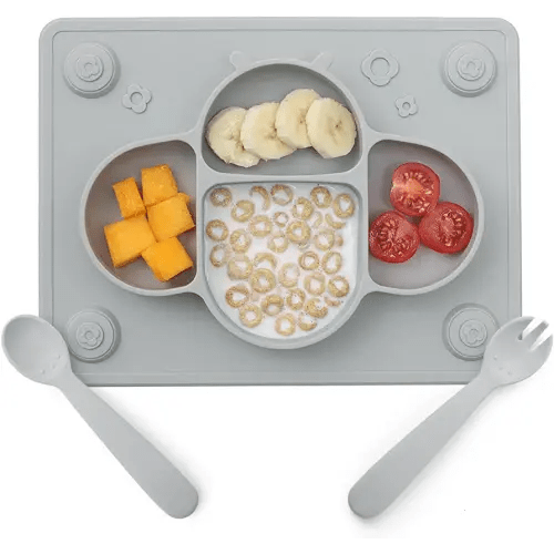 ROCCED Suction Plates for Baby Placemat Spoon Fork Set for Toddlers, Silicone Baby Plates with Suction Baby Dishes for Kids Plates-grey
