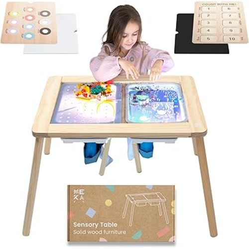 MEKA Sensory Table 6-in-1, Kids Light Table with 2 Sensory Bins 6 Play Panels, Toddler Table Kids Activity Table, Wooden Sensory Table for Toddlers Age 3-5,Multi-Use Light Table for Kids Sensory Table