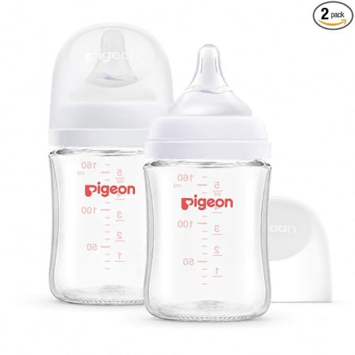 Pigeon Glass Nursing Bottle Wide Neck, Anti-Colic, Streamlined Body, Natural Feel, Easy to Clean, Heat-Resistant, 5.4 Oz (Pack of 2), Includes 2pcs SS Nipples (0m+)