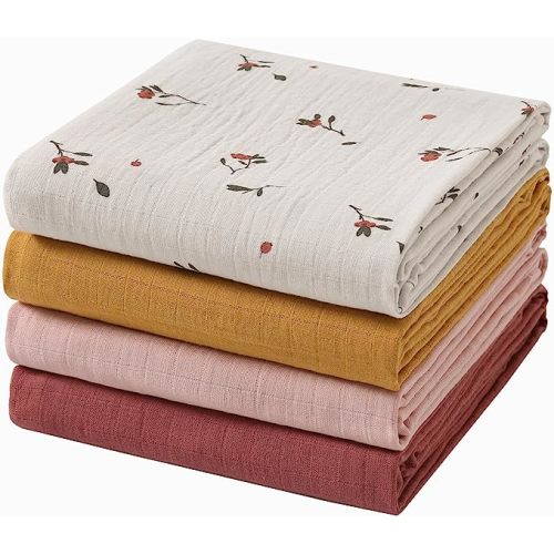 Muslin Swaddle Blankets for Boys & Girls, Soft Breathable Swaddling Blankets, Large 47" X 47" inches Baby Muslin Swaddles, 4 Pack Red Berries/Earthy Colors - Red Berries & Earthy Colors