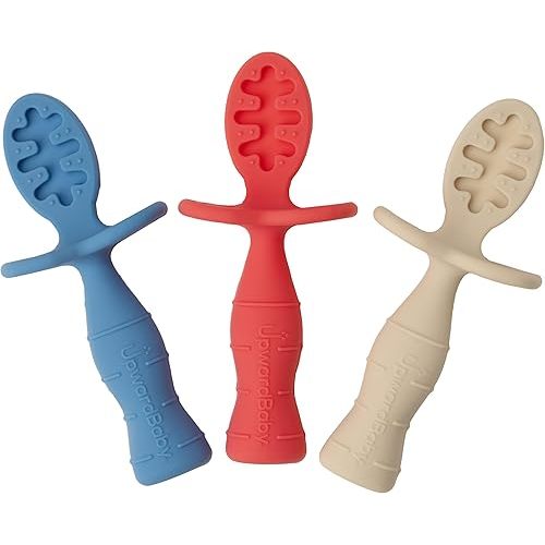Upward Baby Spoons Self Feeding 6+ Months - 3 Pack, Chewable Toddler Utensils with Anti Choke Barrier, Baby Feeding Essentials, Baby Spoons 4 months, Silicone Baby Spoons, Red White Blue