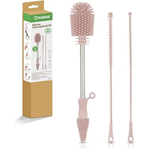 Haakaa Silicone Cleaning Brush, Baby Bottle Brush, Bottle Brush Cleaner Set, Reusable Cleaning Brush for Haakaa Pump, Milk Storage Bags, Straws. All-Round Cleaning, Sturdy Bristles. Pink.