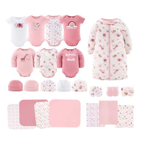 The Peanutshell Newborn Layette Gift Set for Baby Girls, 23 Essential Pieces, Pink Rainbow Safari Animals, 0-3 Months