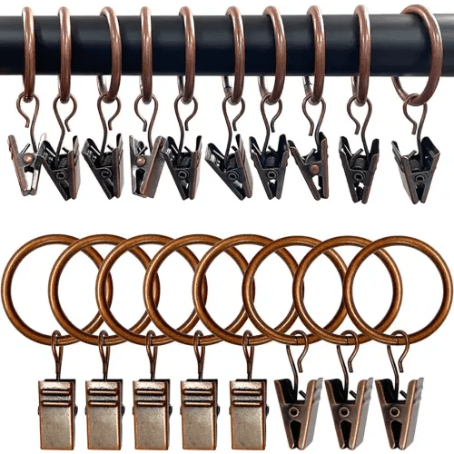 AMZSEVEN 100 Pack Metal Curtain Rings with Clips, Drapery Clips with Rings, Drapes Rings 1 in I D, Fits Diameter 6/8 in Curtain Rod, Antique Copper