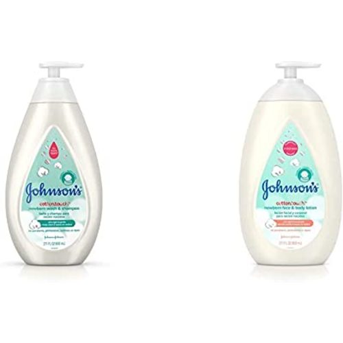 Johnson's CottonTouch Newborn Baby Wash & Shampoo with No More Tears, Hypoallergenic, 27.1 fl. oz with CottonTouch Newborn Baby Face and Body Lotion, 27.1 fl. oz