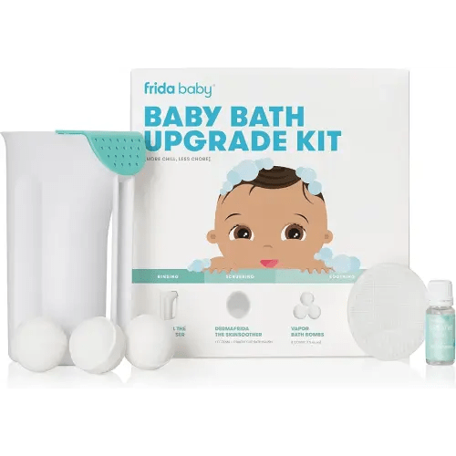 Frida Baby Baby Bath Upgrade Kit | Infant and Toddler Bath Essentials, Rinser Cup, Baby Bath Silicone Brush, Bath Bombs, Essential Oil Vapor Drops, white