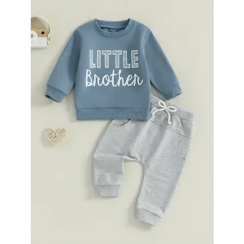 Little Brother Newborn Outfit, Baby Boy Fall Outfit, Letter Print Crew Neck Long Sleeve Sweatshirt Elastic Waist Pants with 3D Bow 2 Piece Set