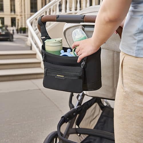 Momcozy Universal Stroller Organizer | Minimalist Caddy with 2 Insulated Bottle Holder | Silicone Anti-Slip Straps | Detachable Mini Pouch | Durable Dense-Weave, Fits for UPPAbaby/Doona & More