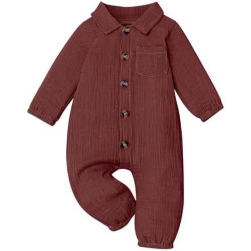 VISGOGO Baby Boy Polo Romper Long Sleeve Solid Bodysuit Cotton Linen Jumpsuit Collared Onesie Infant One-Piece Outfit