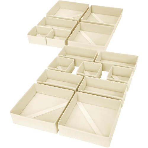 DIMJ Drawer Organizer for Clothing, 15 Pack Fabric Drawer Organizer Bins, Foldable Sock Organizer for Drawer, Dresser Organizer for Clothes, Socks, Bra, Tie (Beige)