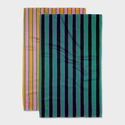 Geometry Tea Towel Set Noir: Modern Quick Dry Microfiber Kitchen Towels, Stripe Pattern, 2-piece Set, Machine Washable
