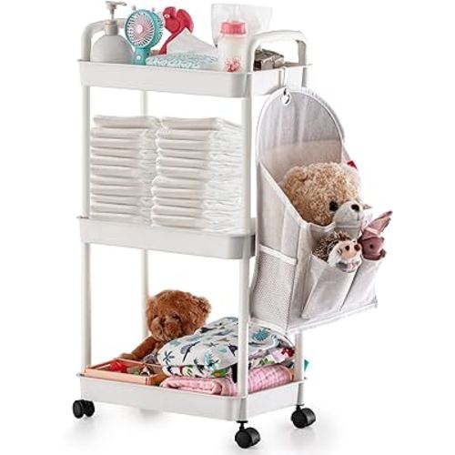 Barydat Baby Diaper Cart with Wheels and Handle 3 Tier Rolling Cart Diaper Organizer with Hanging Diaper Stacker Nursery Caddy Baby Organizer for Storage Baby Clothes, Wipes, Bibs, Changing Table Mats
