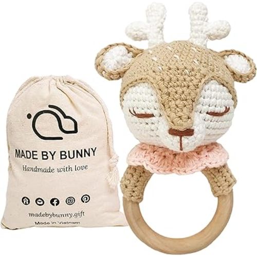 Bunny - Rattle for Young Children, Handmade Woolen Toy, Visual and Sensory Enhancing, Toy with Strict Quality Testing Process, usable as House Decoration (Beige Reindeer)