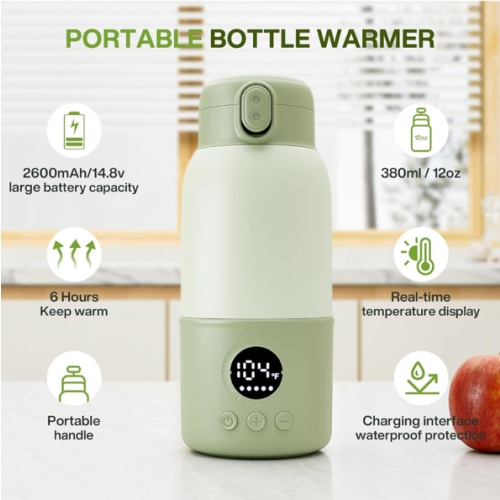 Portable Bottle Warmer for Travel, 2-Min Fast Heating Baby Bottle Warmer,12.8oz Formula Container to Go for Breastmilk, Formula Dispenser with Long-Lasting Keep Warm Function