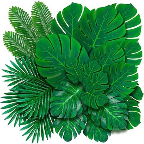 Decopom Artificial Palm Leaves 60-108 Pack - 6 Kinds Large Small Green Fake Palm Leaf with Stems for Safari Jungle Hawaiian Luau Party Table Decoration Wedding Birthday