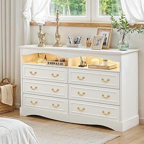 Vintage 6 Dresser for Bedroom, 55" Wide Wood Rustic Chest of Drawers with LED Lights, Farmhouse 6 Drawers Dresser with Natural Texture for Living Room, Hallway, Entryway, White