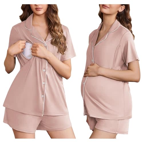 Ekouaer Women's Maternity Nursing Pajama Sets Button Down Postpartum Pajamas Short Sleeve Breastfeeding Clothes