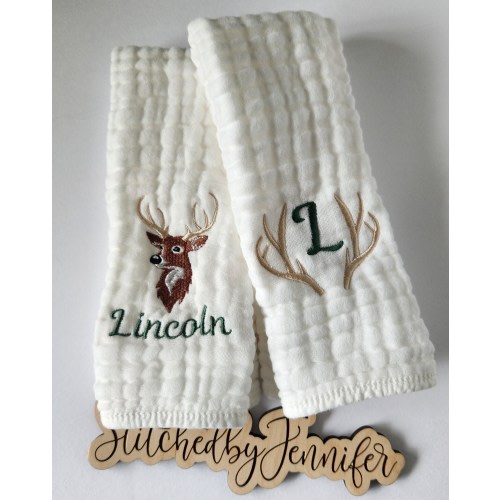 Deer and Antlers Personalized Baby Burp Cloths, Monogram, Embroidered, Baby Boy or Girl, Single or Set of 2
