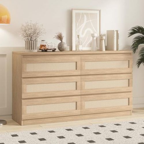 6 Drawer Double Dresser For Bedroom, Rattan Dresser For Bedroom With Smooth Mental Slide