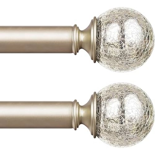 KAMANINA 2 Pack Curtain Rods for Windows 48 to 84 Inches, Champagne Gold Decorative Curtain Rod 32 to 86 inch (2.6-7.1ft), 7/8 Inch Single Drapery Rods with Crackle Glass Finials