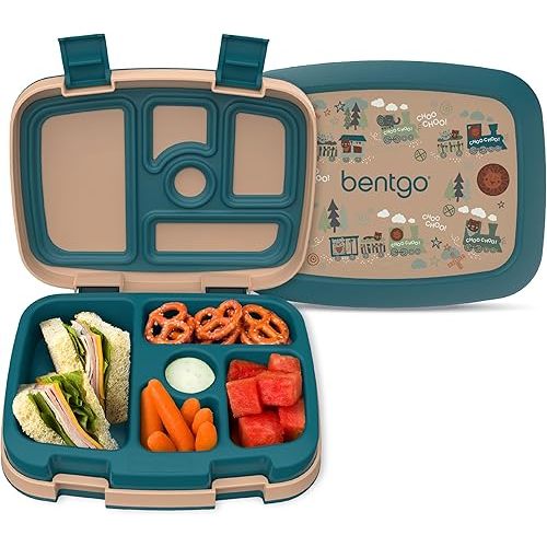Bentgo Kids Prints Leak-Proof, 5-Compartment Bento-Style Kids Lunch Box - Ideal Portion Sizes for Ages 3-7, Durable, Drop-Proof, Dishwasher Safe, & Made with BPA-Free Materials (Trains)