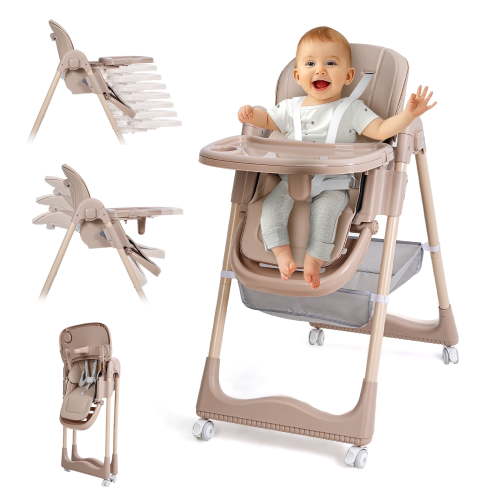 Welbabel High Chairs for Babies and Toddlers,3-in-1 Foldable Highchair,Paortable Baby Chair with Wheels,8-Gear Seat Adjustment,2 Removable Dining Trays,Brown