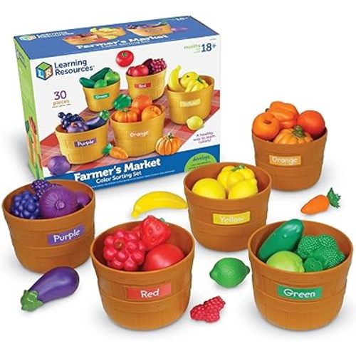 Learning Resources Farmer's Market Color Sorting Set - Pretend Play Food Sets for Kids Kitchen, Color Sorting Toys, Plastic Fruit and Vegetable Toy for Kids Kitchen Set, Play Food for Toddlers 1-3