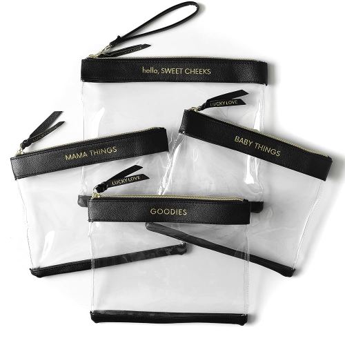 Lucky Love Diaper Bag Organizing Pouches | Set of 4 Including Diaper Clutch | Dry Wet Bag (Black & Clear)