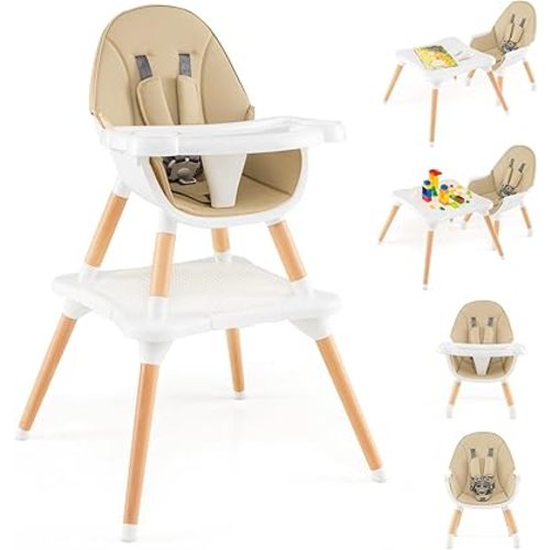 HONEY JOY Baby High Chair, 6-in-1 Convertible Wooden Highchair for Babies and Toddlers/Table Set/Toddler Chair with Safety Harness, 4-Position Removable Feeding Tray (Khaki)