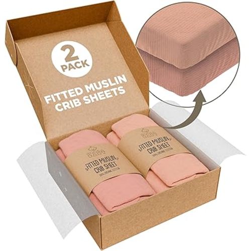 Crib Sheets 100% Organic Muslin Cotton Sheets for Boys & Girls, Fitted Sheets for Standard Crib & Toddler Mattress - Super Soft & Breathable for Cozy Comfort | Pink + Light Pink - 52"x28" (2 Pack)