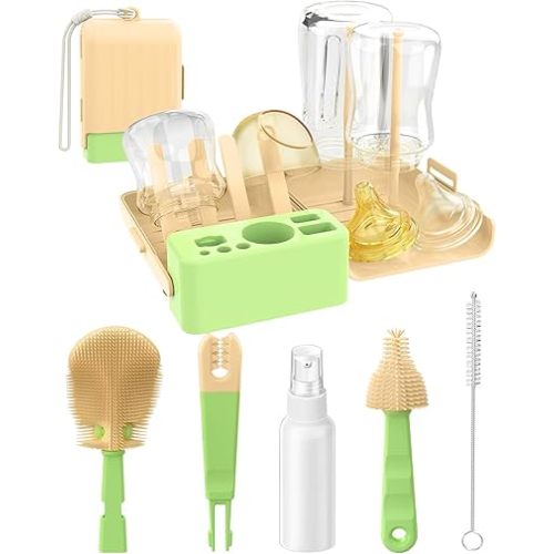 7 in 1 Baby Bottle Brush Set, BPA-Free Travel Bottle Cleaner Kit with U-Shaped Silicone/Nipple/Straw Brush, Portable Drying Rack, Soap Dispenser & Storage Box - Baby Travel & Home Essential