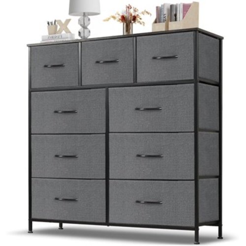 9 Drawer Dresser, Wide Chest Of Drawers Nightstand Storage Tower Storage Dresser Fabric Dresser With Wood Top for Living Room, Bedroom, Hallway, , Grey