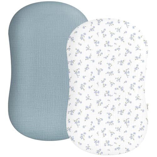 Muslin Baby Lounger Cover 2 Pack, Soft Breathable Newborn Lounger Pillow Cover for Boys Girls Infant (Flower I & Light Blue)