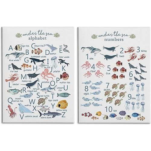 HRQKO Ocean Nursery Alphabet Numbers Canvas Wall Art Set of 2, Under the Sea Ocean Animals Framed Art, ABC Numbers Learning Posters Wall Decor for Classroom Toddler Kids Bedroom Playroom, 11x14 inch