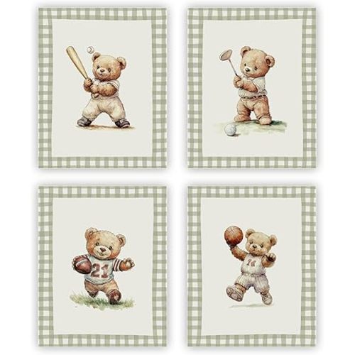 heilkee Teddy Bear Nursery Decor Vintage Sports Wall Art for Boys Bedroom Toddler Boy Gifts Golf Football Baseball Basketball Set of 4(UNFRAMED 8x10in)