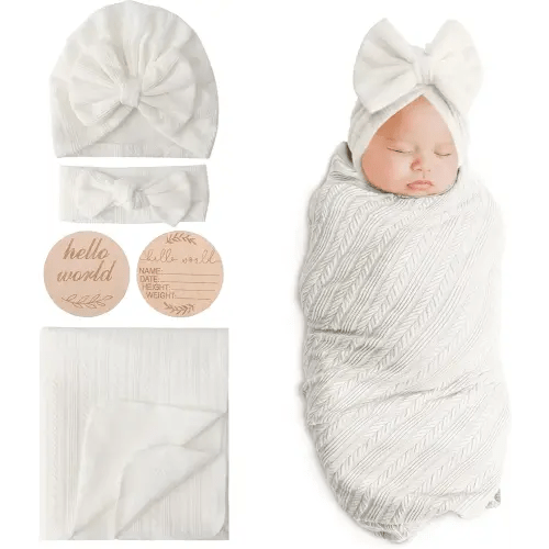 DRESHOW BQUBO Baby Swaddle Blankets for Girls, 4PCS Newborn Accessories Set with Matching Hat and Bow Headband with Hello World Wooden Birth Announcement Card, Baby Blankets for Girls (White)