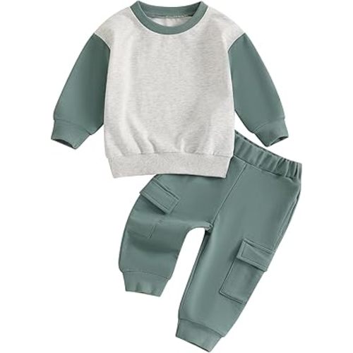 Madjtlqy Toddler Baby Boy Fall Outfit Color Block Long Sleeve Sweatshirt Pullover Tops + Pants 2Pcs Winter Clothes Set