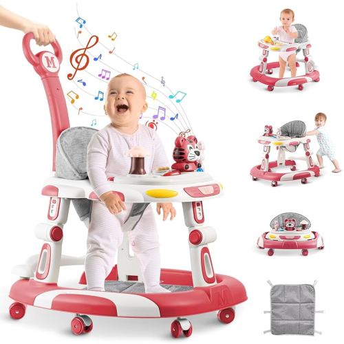 Baby Walkers, 5-in-1 Multifunctional, Height Adjustable, Foldable, Activity Center with Wheels &Music &Toys Tray, Infant Toddler Walker for Boys and Girls 6-24 Months(Pink)