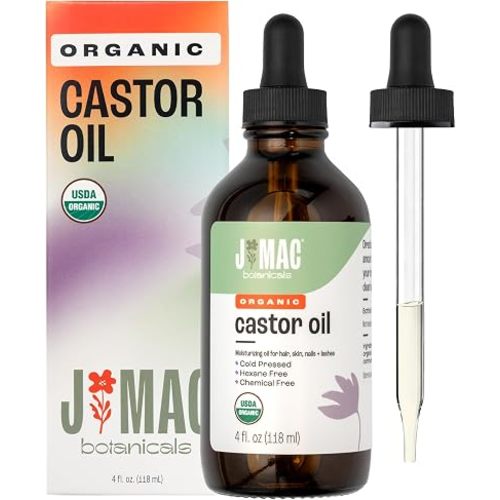 J MAC BOTANICALS Organic Castor Oil Cold Pressed in Amber Glass Bottle (4 oz with Dropper) USDA Certified, Hexane Free - Moisturizing Oil for Hair, Skin, Face, Eyelashes, Brows, & Nails
