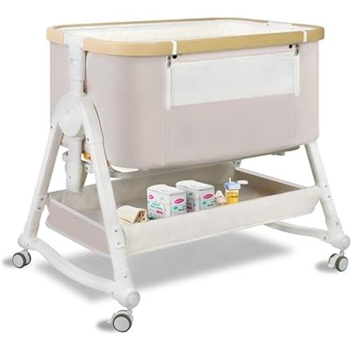 4 in 1 Baby Bassinet, Bassinet Bedside Sleeper with Wheels and Storage Basket, Adjustable 7 Heights Bedside Sleeper with Musquito Net, Breathable Mesh Rocking Bassinet for Baby/Newborn