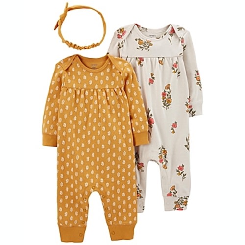 carter's® Newborn 3-Piece Jumpsuit and Headwrap Set in Goldcarter's® 3 Months 3-Piece Jumpsuit and Headwrap Set in Gold